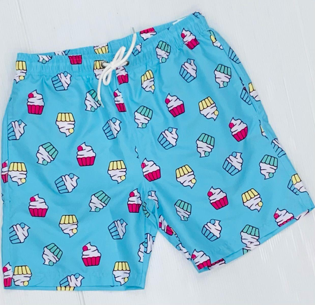 Men’s Fun Swim Shorts – Blue Cupcake Print Beachwear