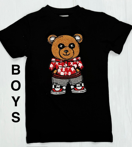 Boys’ Graphic T-Shirt – Cool Bear in Hoodie & Sneakers Design (Black/Red)